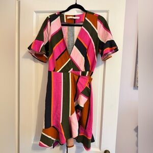 Marie Oliver Mulicolor Striped Silk/ Linen Wrap Dress, Tie Waist, Size S, EUC!